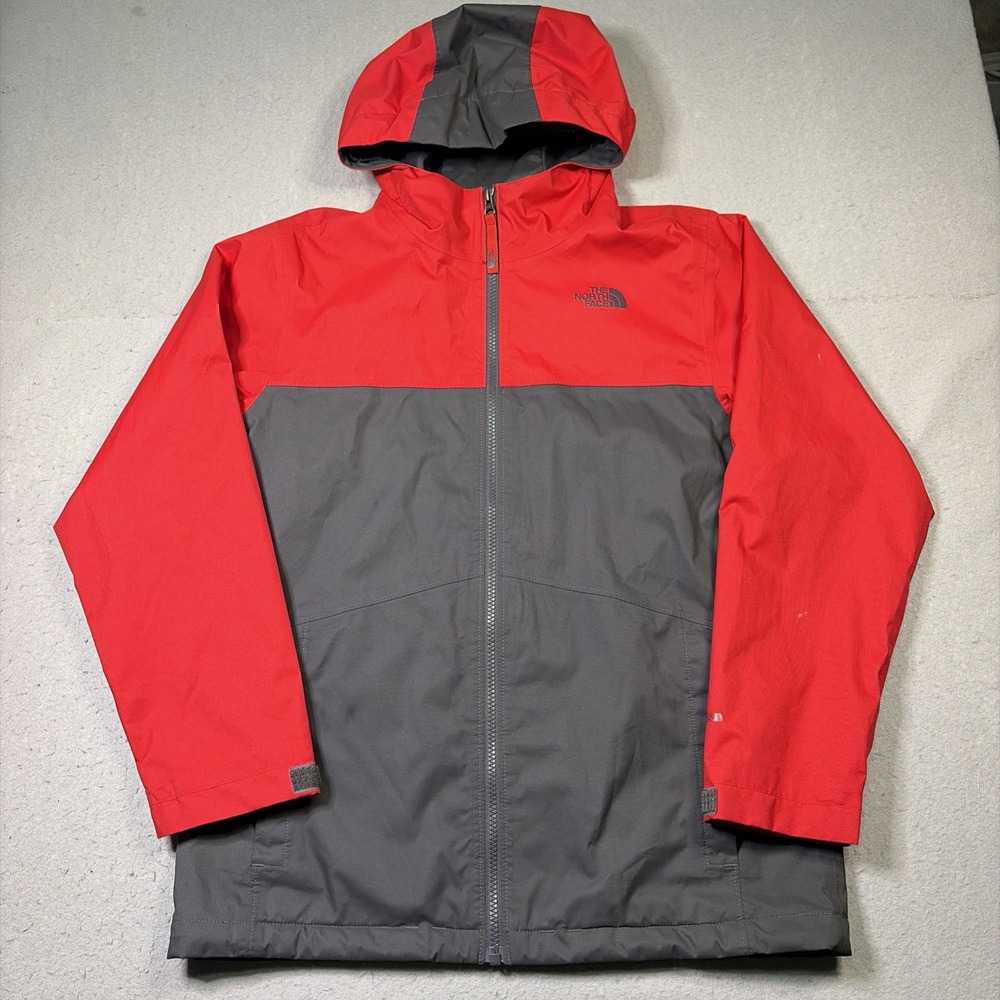 North Face Dryvent Jacket Youth Boys L 14/16 Gray Red Rain hoodie Lightweight
